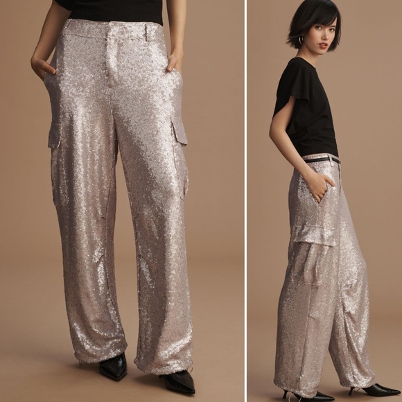 NWOT Anthropologie Sequin Cargo Pants Lilac/ Silver size 0